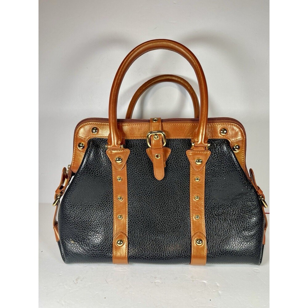 Vintage Black Pebbled Satchel Handbag Tan Trim Gold Studs Doctor Bag Style 13.5"